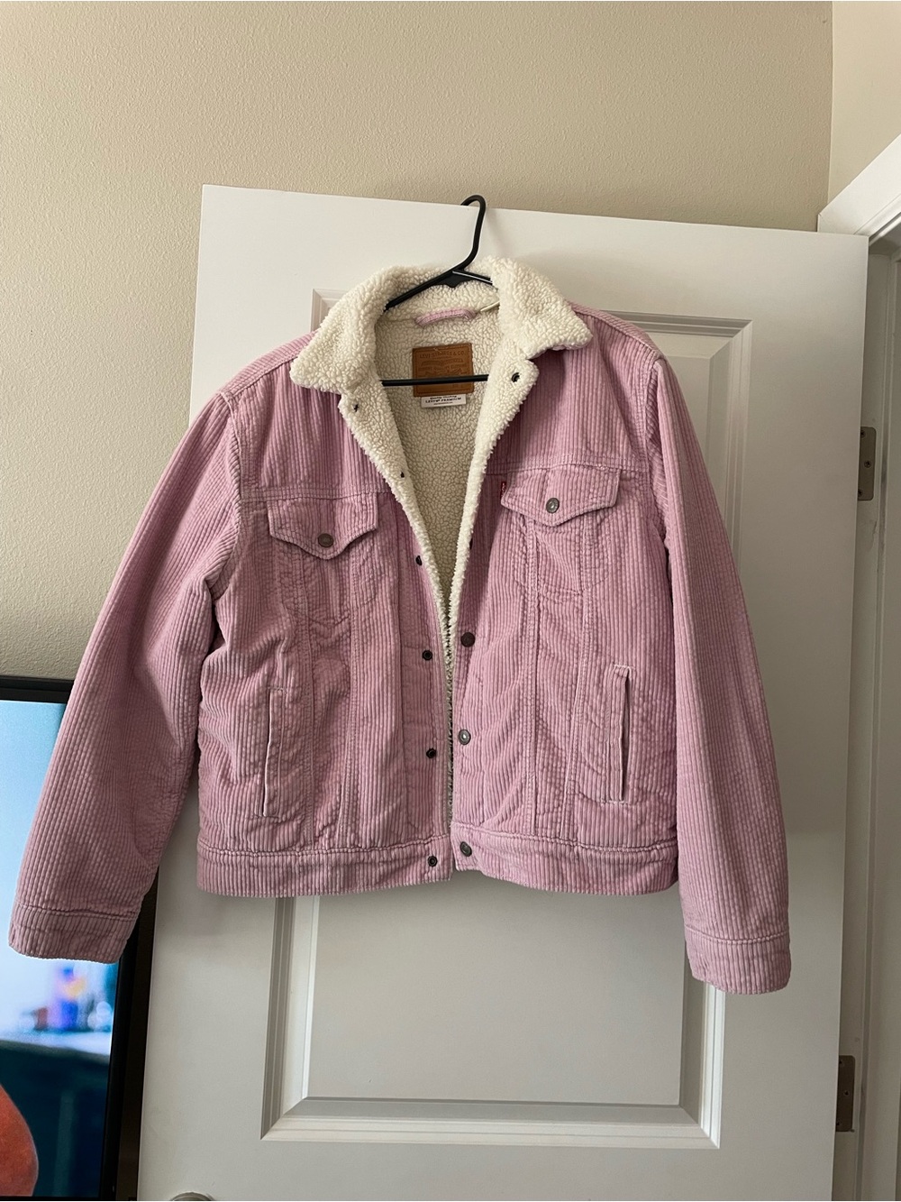 Levi's Cream Sherpa Lined Jacket with Brown Leather Patch